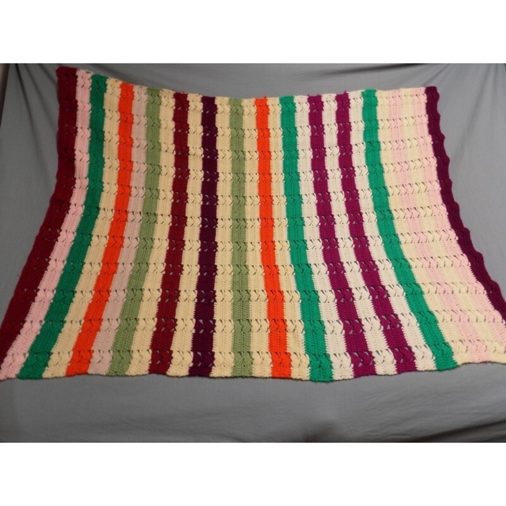 Vintage Striped Grannycore Afghan 47" x 60" Crochet Yarn Remnant